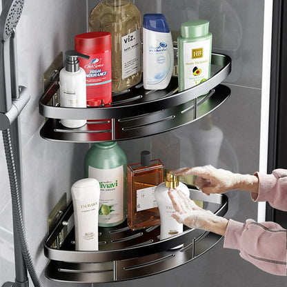 Corner Wall-Mounted Aluminum Shelf for Shampoo, Makeup, and Shower Essentials – No Drill Installation