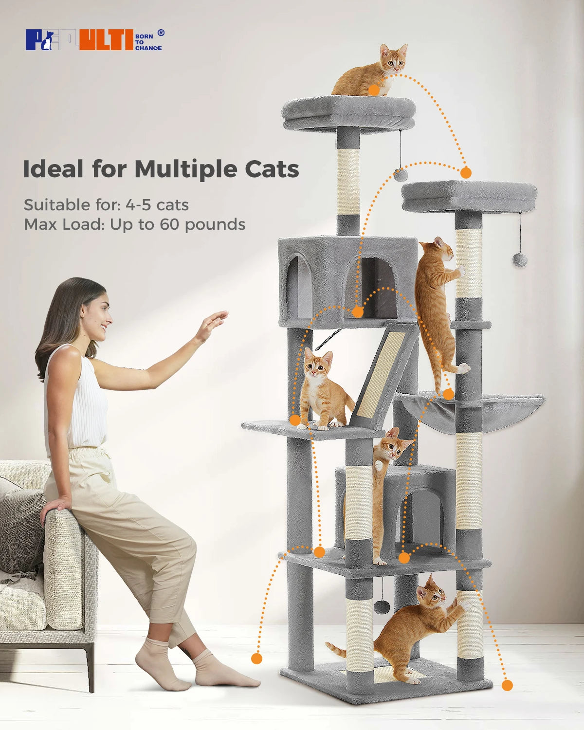 Tall 180cm Cat Tree – Plush Multi-Level Cat Tower with Sisal Scratching Posts and Cozy Hammocks