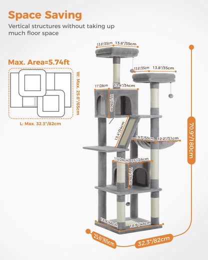 Tall 180cm Cat Tree – Plush Multi-Level Cat Tower with Sisal Scratching Posts and Cozy Hammocks