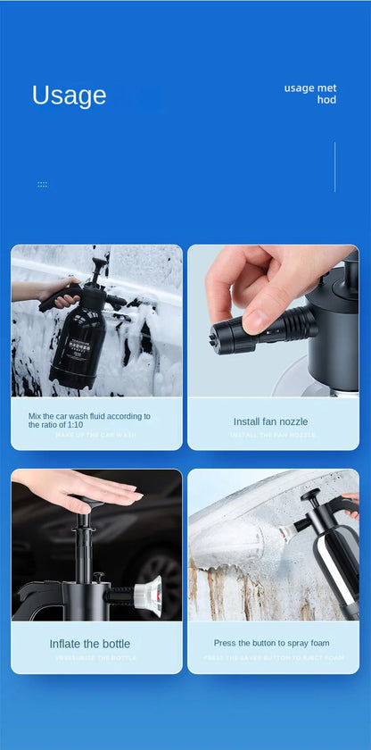 2L Hand Pump Foam Sprayer with 3 Types of Nozzle Hand Pneumatic Foam Cannon.