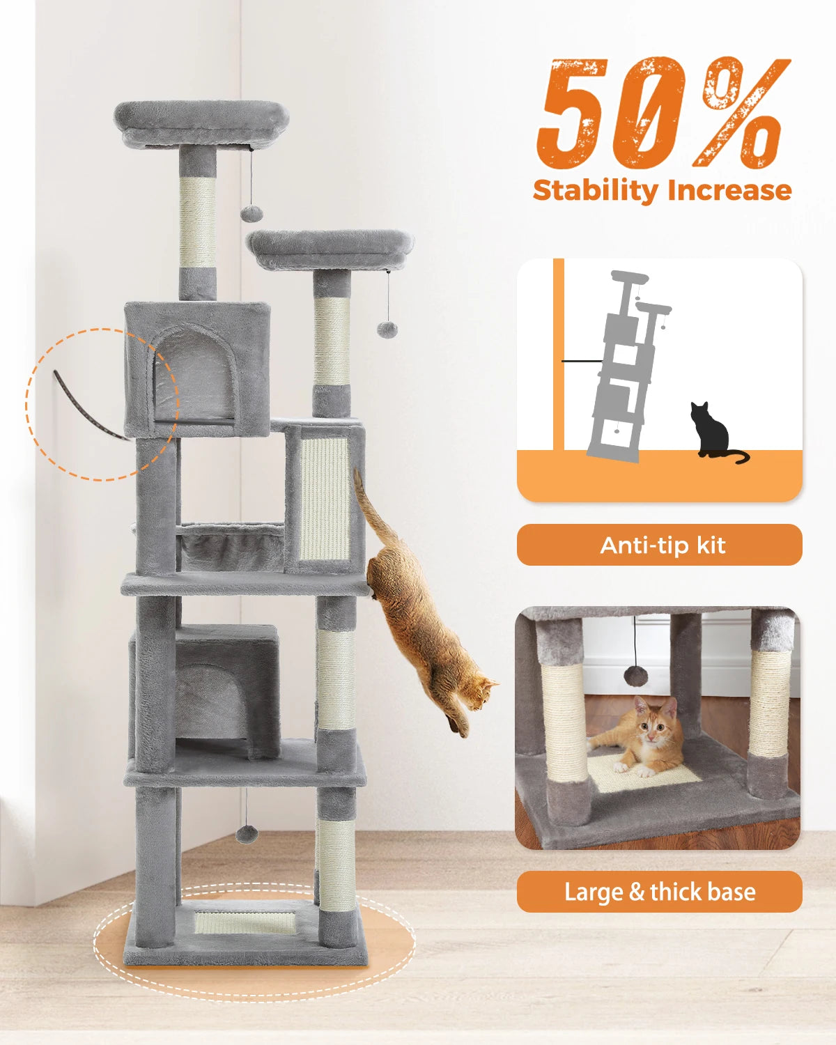 Tall 180cm Cat Tree – Plush Multi-Level Cat Tower with Sisal Scratching Posts and Cozy Hammocks